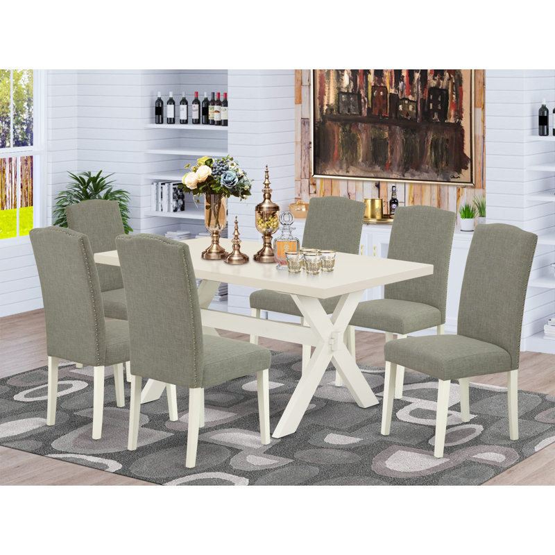 Moncayo Rubberwood Solid Wood Dining Set, 7 Pieces: Table, 6 Chairs, Dark Shitake, 30" H x 60" L x 36" W