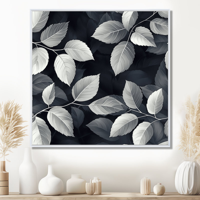 «Slate Grey Leaves Beauty I», art mural sur toile, Impression encadrée flottante, H 16 po x l 16 po, Blanc