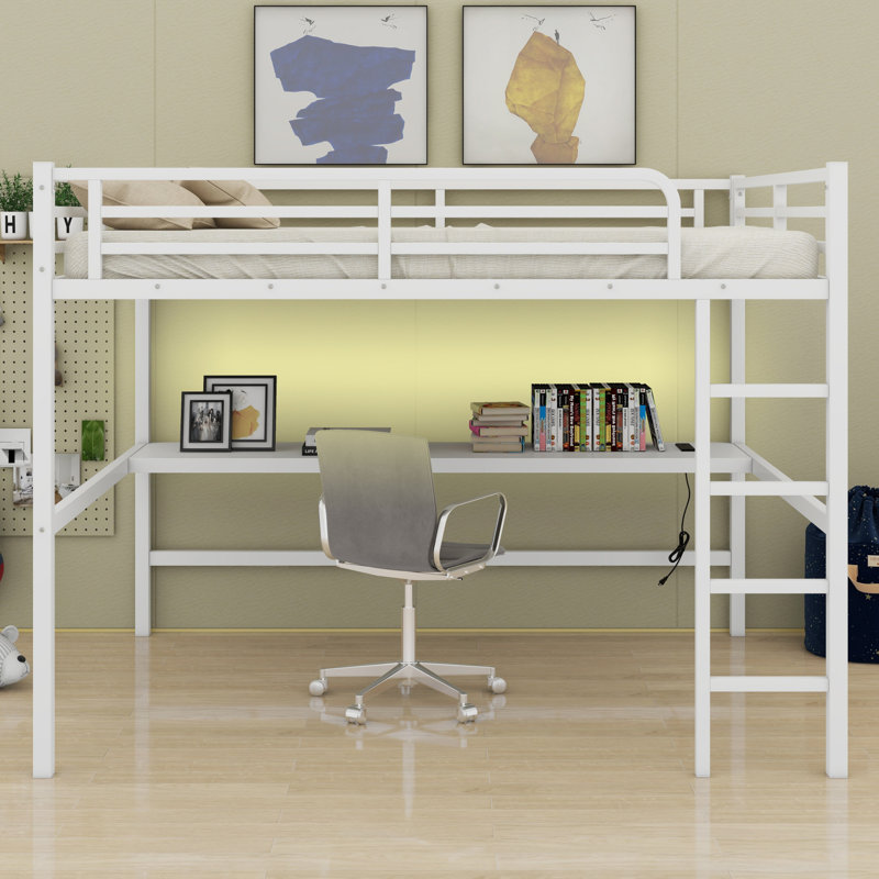 Lit mezzanine en métal avec prise de courant et éclairage DEL, Blanc