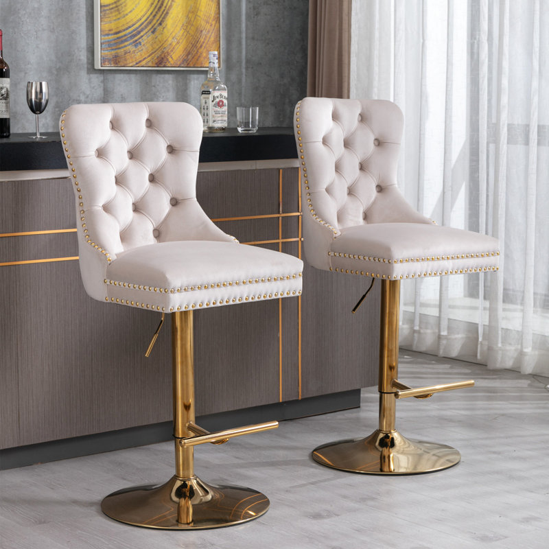 Velours beige - siège réglable de 27 à 35 pouces, dossier pour une fonctionnalité tendance, tabourets de bar confortables pour la maison et le pub, hauteur beige, pivot doré, îlot de cuisine à dossier de 2
