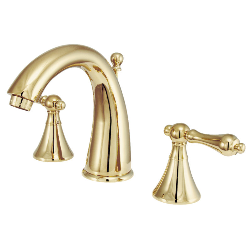 Kingston Brass Naples Two-Handle 3-Hole Deck Mount Widespread Bathroom Faucet with Brass Pop-Up Drain, Polished Brass