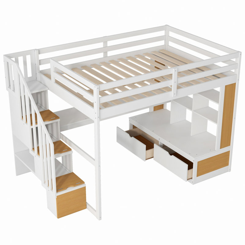 Lit mezzanine avec bureau et tablettes, deux tiroirs intégrés, escalier de rangement, Naturel / blanc