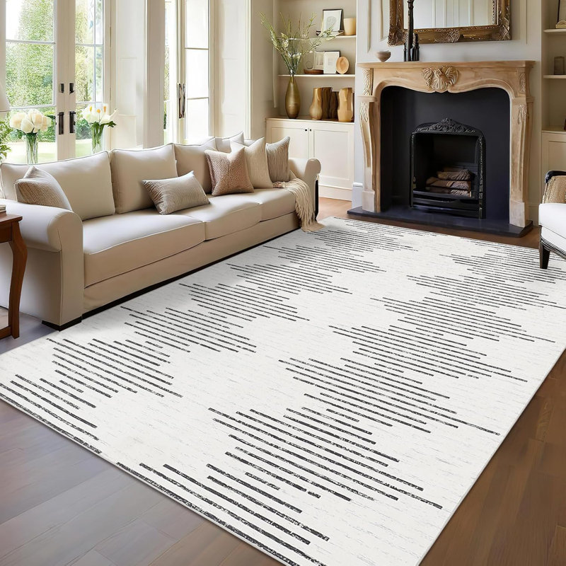 5x7 Washable Diamond Stripes Rug, Non-Slip Soft Carpet for Living Room, Bedroom, Nursery, Office, Black & White