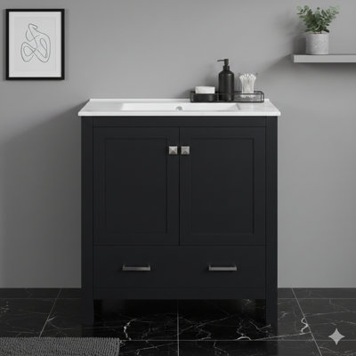 Meuble-lavabo noir de 30 po avec lavabo simple, meuble-lavabo combiné sous le comptoir, unité de rangement avec deux portes et un tiroir, mécanisme de fermeture en douceur, rangement polyvalent, structure en bois massif