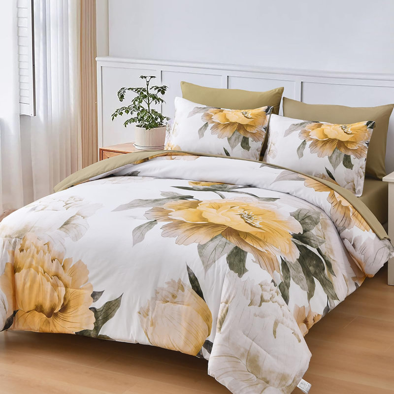 Ensemble de housse de couette à motif floral 7 pièces, Grand édredon et 6 pièces supplémentaires, Jaune