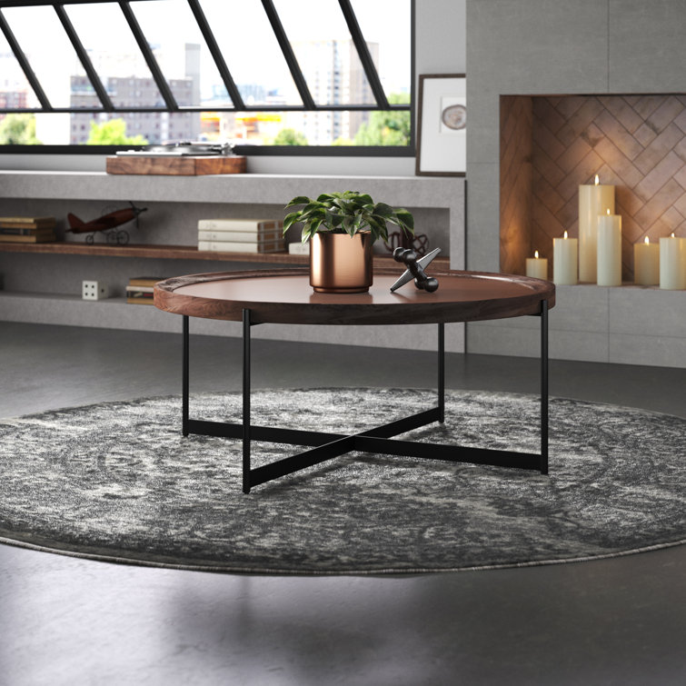 Kimura 42" Wide Industrial Farmhouse Solid Wood Metal Round Coffee Table With Tray Top
