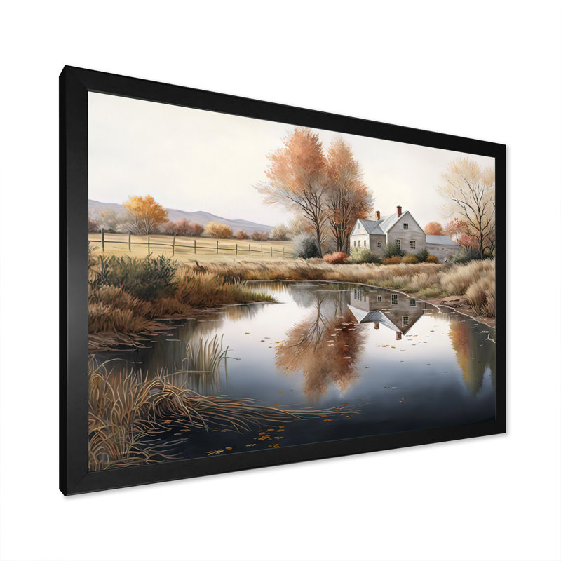 «Small River To The Farm I - Barn Landscape», reproduction sur toile encadrée, H 12 po x l 20 po x P 1 po, Cadre noir