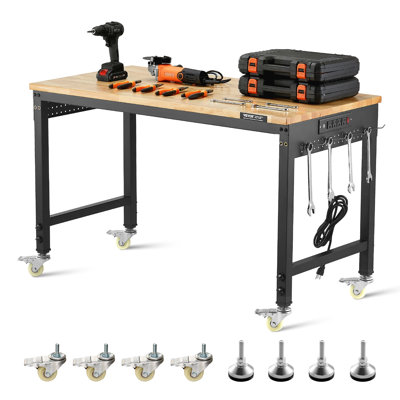 48" Workbench on Wheels Adjustable Height Table with Power Outlet & Pegboard