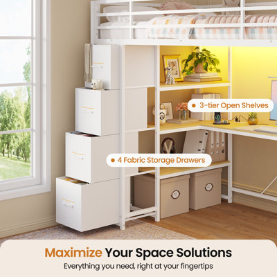 Twin Size Metal Loft Bed with Storage Stairs, Desk, Charging Station & LED Lights, 8 Storage Drawers, 3-Tier Shelves, Safety Guardrail, White, for Kids Teens Adults