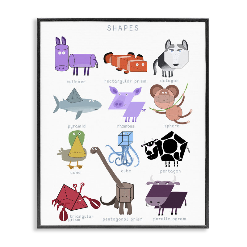 Apprendre des formes 3D avec des animaux, estampe numérique, design par Carla Daly, H 14 po x l 11 po