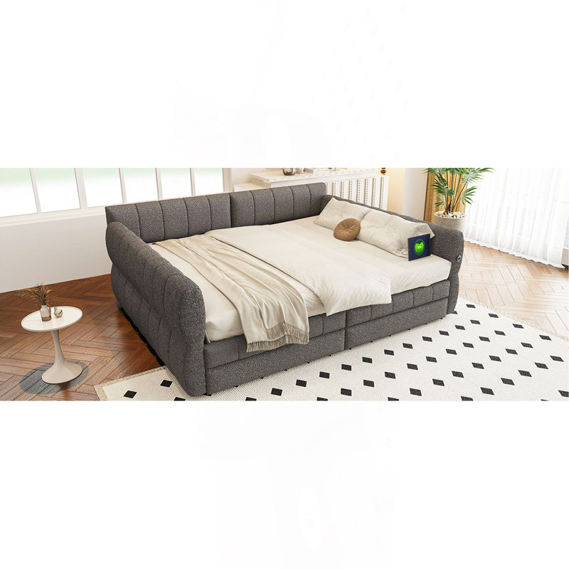 Queen Size Upholstered Platform Bed With USB And 2 Drawers, Gray, Gray