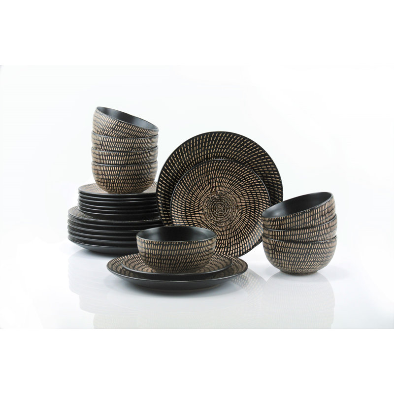 Waterside 24PC Black Pad Printing Dinner Set