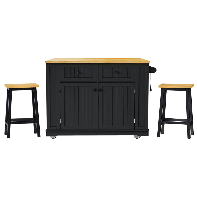 48Inch Large Kitchen Island With 2 Bar Stools, Power Outlet, Door Internal Storage Rack, Kitchen Storage Cart On 5 Wheels With Drop Leaf, 5 Open Side Racks, 2 Drawers,For Kitchen,Dining Room,