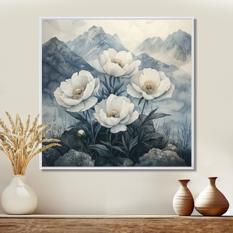 Goldena pivoines dans les montagnes brumeuses II - pivoines, art mural, H 16 po x l 16 po, Impression encadrée flottante