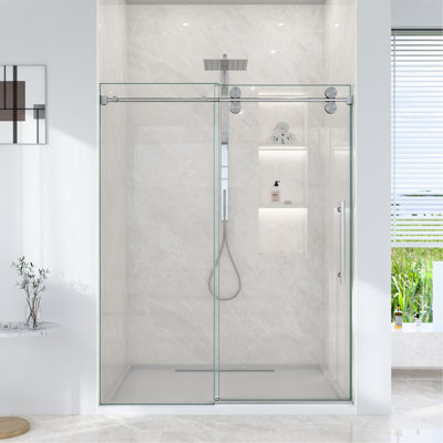 56"-60"W*72" H Frameless Single Sliding Shower Door – 5/16" (8Mm) Clear Tempered Glass, Bypass Design With Brushed Nickel Finish