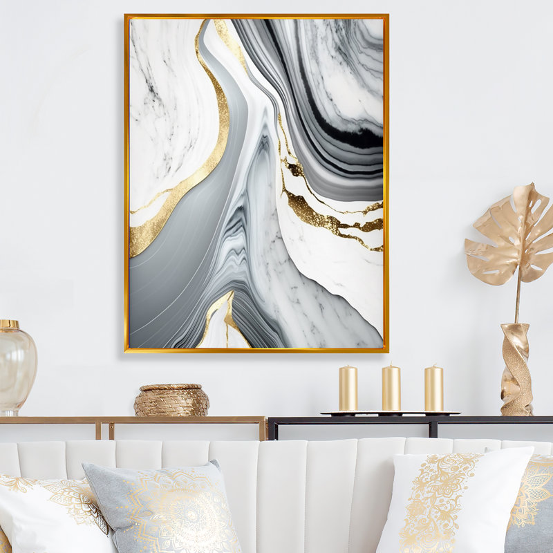 " Abstract Geode Marble Waves Gray II " Color Photography Print, 24" W x 32" H, Gold Floater Framed Canvas