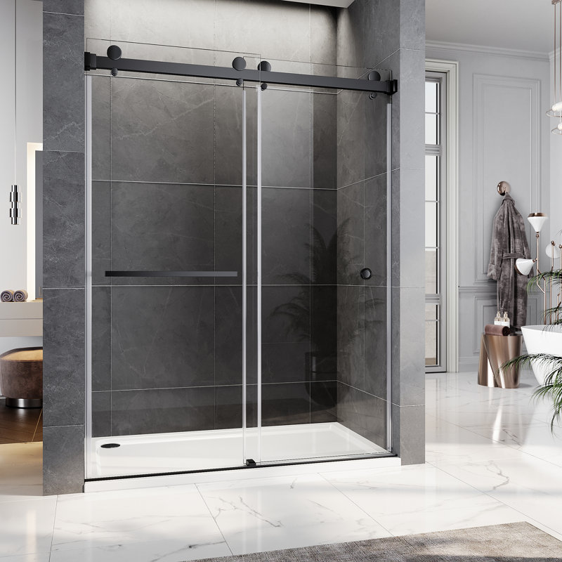 UKD01 66 to 72 in. x 76 in. H Frameless Double Sliding Shower Door with 3/8 in. (10mm) Clear Glass, Matte Black