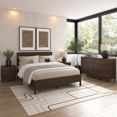 Grand lit plateforme avec commode 3 tiroirs et ensemble de table de chevet, mobilier de chambre