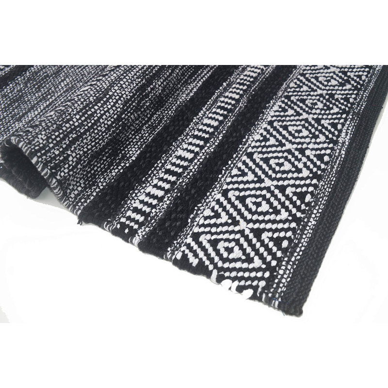 Stewartville Geometric Hand-Woven Flatweave Cotton Bath Rug, 2' x 6', Black