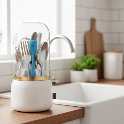 360° Rotating Kitchen Cutlery Rack With Lid, 7 Compartments, Drainage Design In The Middle, Can Hold Spoons, Forks, And Other Cutlery, Suitable For Tabletop Parties, White