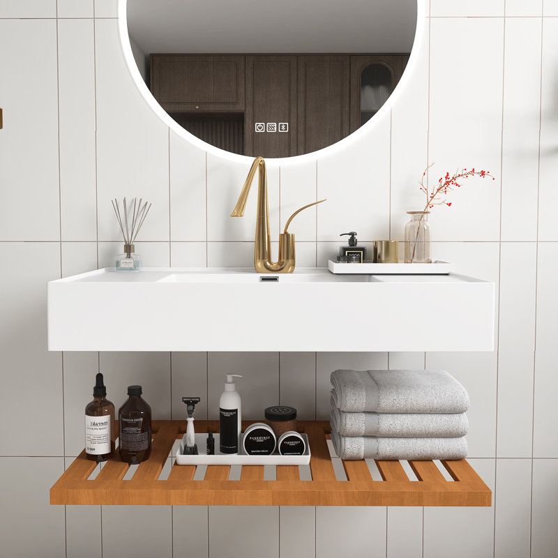 Wall-Mounted Floating White Rectangular Acrylic Integrated Basin With Striped Shelves Layer Bathroom Vanity In Dark Walnut