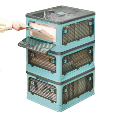 Medium Collapsible Storage Box Bin, 5 Side Clear Open Access Stackable w/ Lid, Wheels