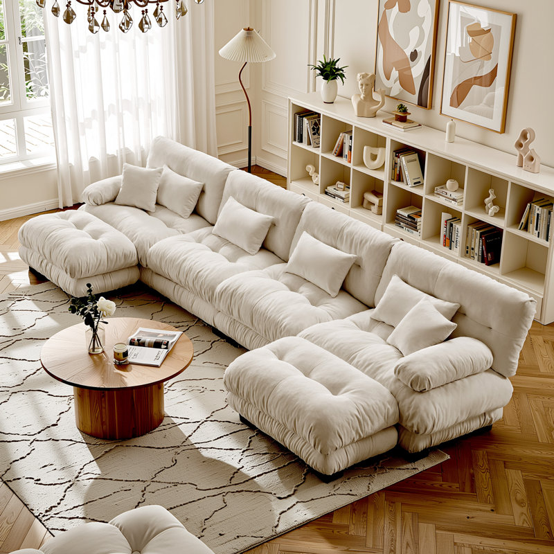 Canapé modulaire en forme de U à combinaison libre avec sièges profonds et 4 repose-pieds convertibles, chenille champagne beige