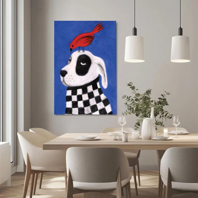 2D Flat, 1Pc Framed Canvas Wall Art, Dog and Red Bird, Black and White Checkered Scarf, Surrealism Style Art Print Canvas Poster Painting Room Wall Decor, Ideal Gift For Bedroom Living Room Hallway Dorm, Ready To Hang