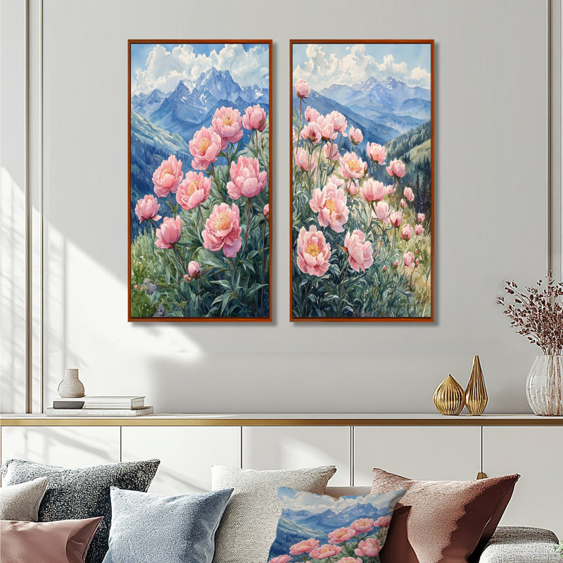 Pivoines dans la haute crête III - art mural floral 2 pièces, H 28 po x l 25 po, Impression encadrée flottante, Brown