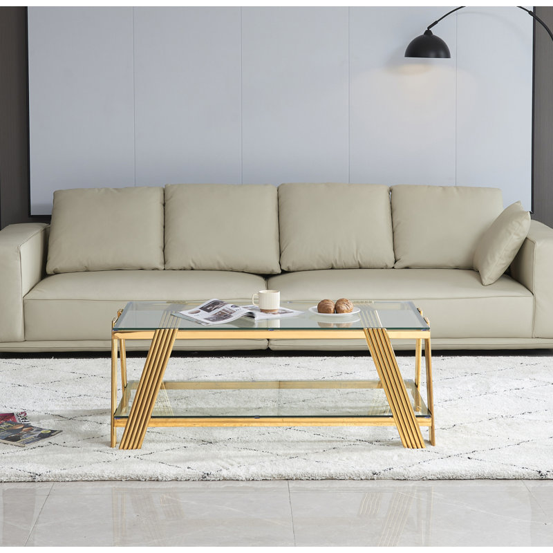 Table basse rectangulaire moderne en acier inoxydable de 47 po de largeur, table basse en verre trempé transparent à deux couches, table centrale avec rangement, pour le bureau à domicile, assemblage facile