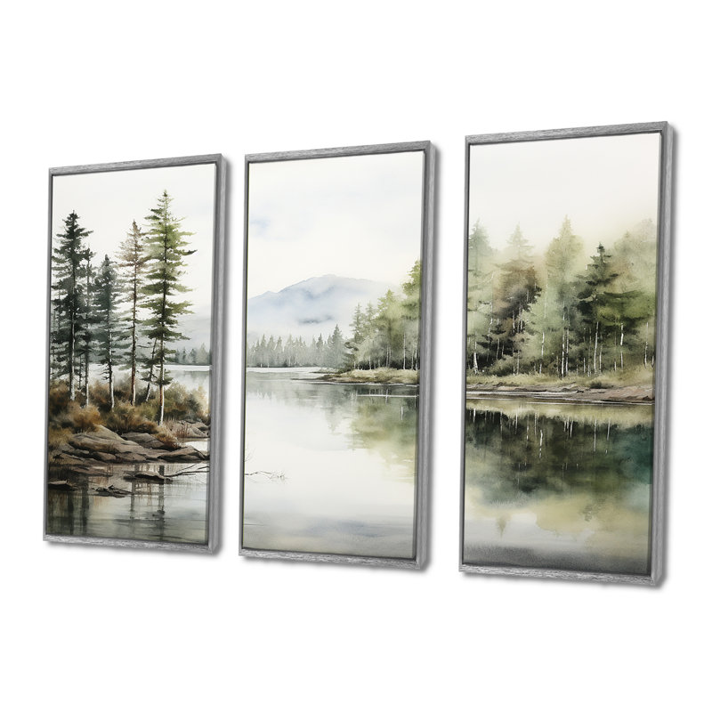 Ensemble de décoration murale scandinave Lake Tranquility - River, H 32 po x l 48 po x P 1 po, Cadre argenté flottant