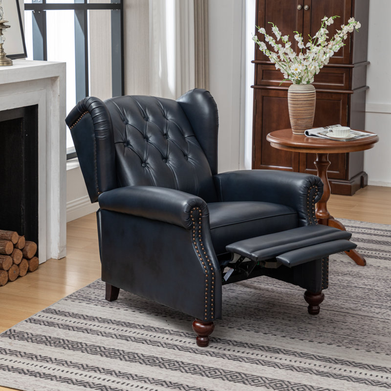 Aimee-Lea 31.5" Wide Genuine Leather Wing Chair Recliner, Navy