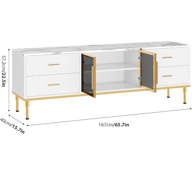 Fluted TV Stand up to 75", LED Lights, Glass Door & Drawers, Faux Marble Top, White, White