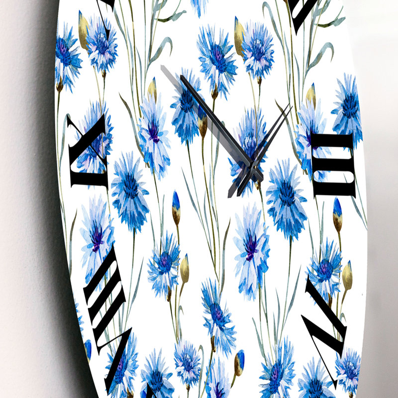Bleu bleuet avec feuilles vertes II - Horloge murale traditionnelle, Moyen