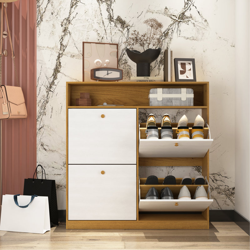 Armoire de rangement pour chaussures avec 4 tiroirs rabattables, armoire de rangement pour chaussures avec poignées en bois