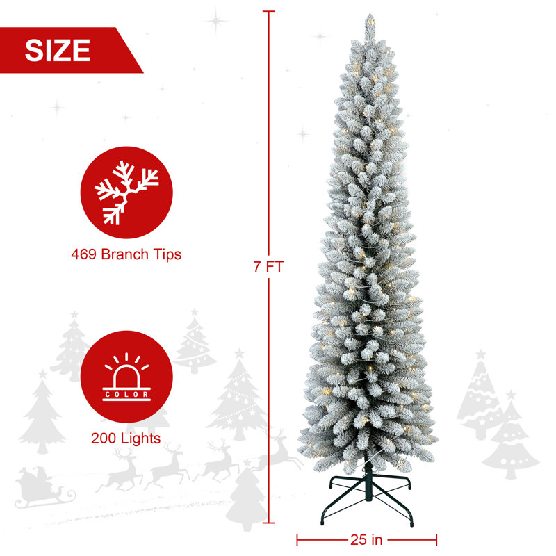 Arbre de Noël floqué avec lumières DEL et base en métal