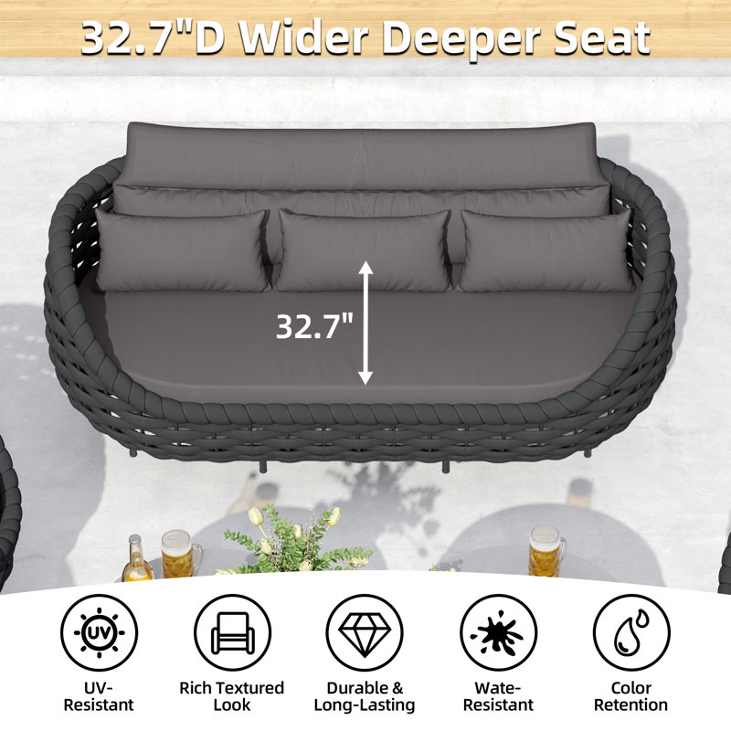 5 - Person Fully Assembled PVC-coated polyester Rope Altuminum Frame Outdoor Conversation Set with Cushions and Table with Marble Pattern Tile Tabletop for Patio Poolside Garden Proch