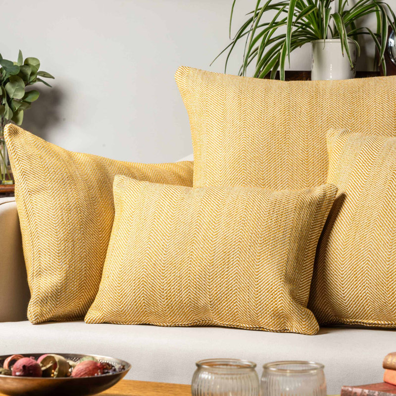 Faux Wool Linen Blend Herringbone Cushion in Ochre Yellow, 58x58cm, Feather filled