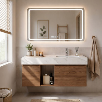 Meuble-lavabo flottant 48 po avec comptoir en pierre frittée en marbre et vasque rectangulaire en céramique blanche