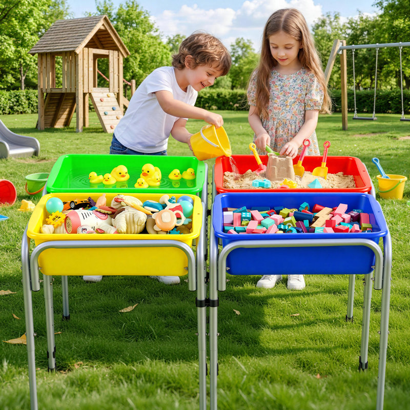 Table de jeu sensorielle pour tout-petits, enfants, station de jeu réglable à 4 stations sable et eau avec bacs de rangement amovibles et pieds antidérapants, structure en acier au carbone, coins arrondis, pour les garçons et les filles qui explorent