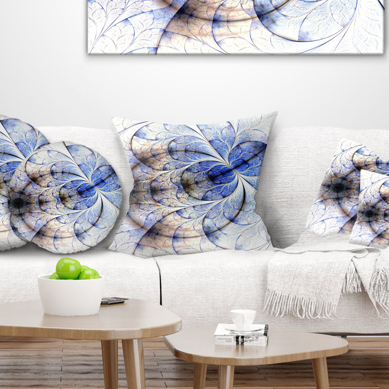 Fleur symétrique or bleu fractal - coussin imprimé abstrait, 16 po x 1 po, Coussin décoratif