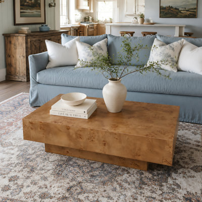 42" Walnut Burl Veneer Coffee Table with Pedestal Base, Modern Organic Living Room Center Table