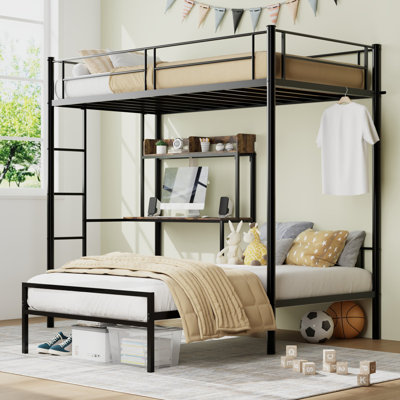 Bunk Bed Twin Over Twin Size with Desk and Charging Station L-Shaped Metal Bunk Bed with Storage Shelves and Bookcase Loft Beds with Safety Guardrail
