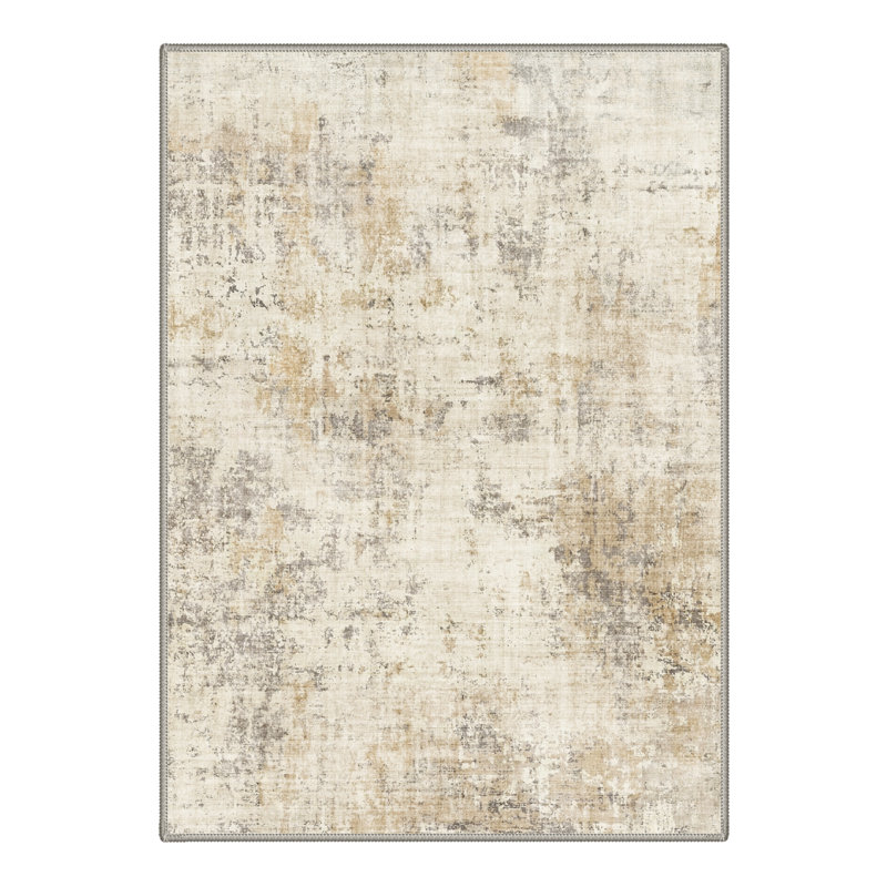 Mignone Aura Modern Distressed Abstract Machine Washable Beige / Brown / Grey Indoor Area Rug with Non-Slip Backing