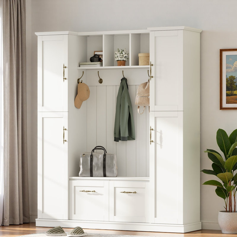 Farmhouse Elegant Hall Tree With 4 Side Cabinets, Open Compartments, Bottom Cabinets, Sturdy Hooks And Bench, White