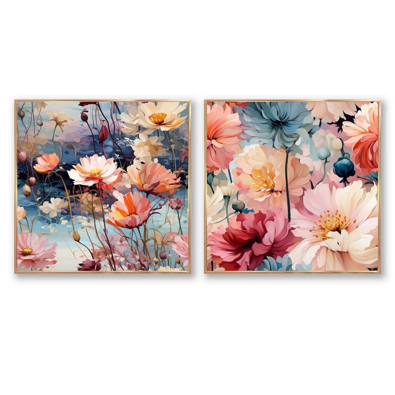 Monets Garden - motif botanique III - ensemble de 2 collages floraux carrés, H 16 po x l 33 po, Cadre flottant doré