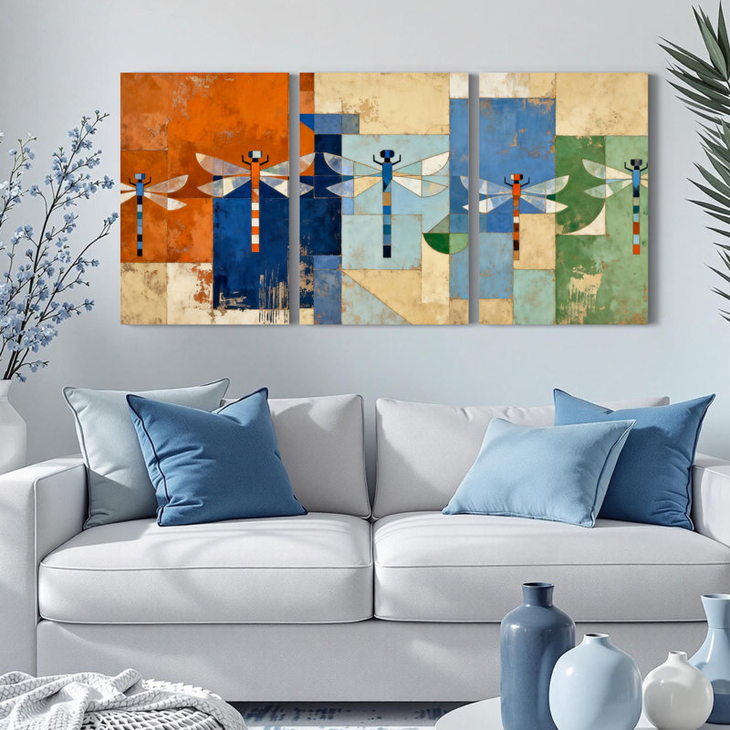 Tableau abstrait libellule sur toile tendue (lot de 3), H 24 po x l 48 po