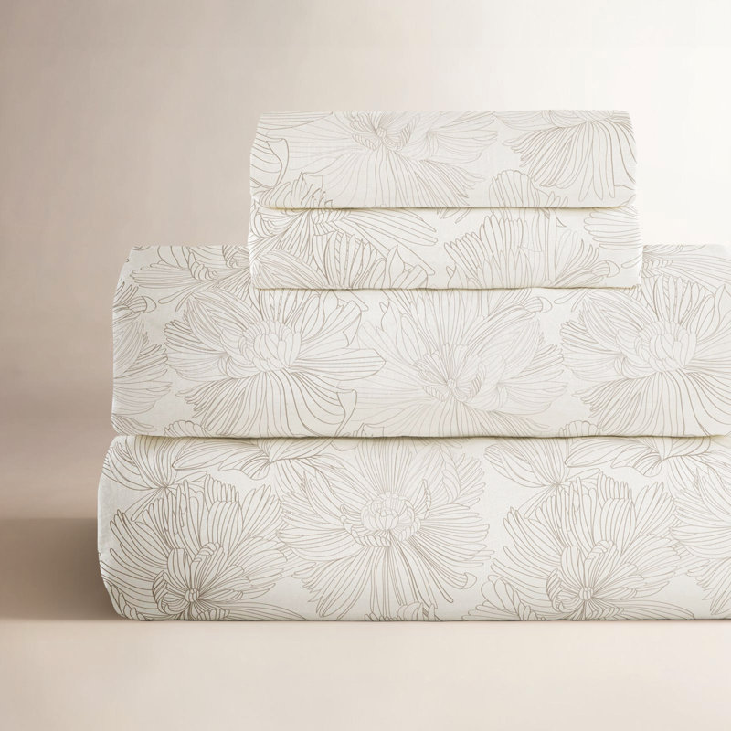 100% French Linen Sheet Set, Twin Sheet Set with 1 Pillowcase, Cream/Putty Floral