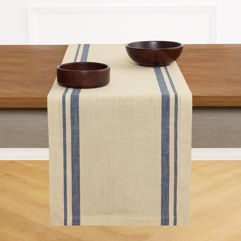 French Stripe - 100% Pure Linen Table Runner, 120" x 14", Navy/Natural