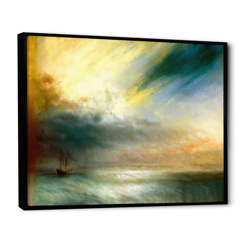 Voilier pendant le coucher du soleil exotique IV - Bateau côtier, art mural sur toile, L 44 po x H 34 po, Cadre flottant noir